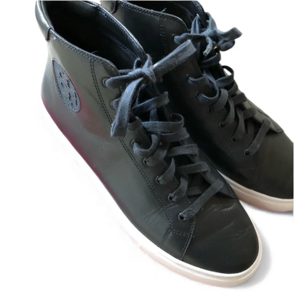 Tory Burch Navy High-Top Nola leather Sneakers Lace up white soles Sz‎ 10